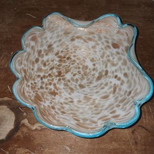 Handblown Art Glass Scalloped Edge Decorative Bowl White Gold Turquoise